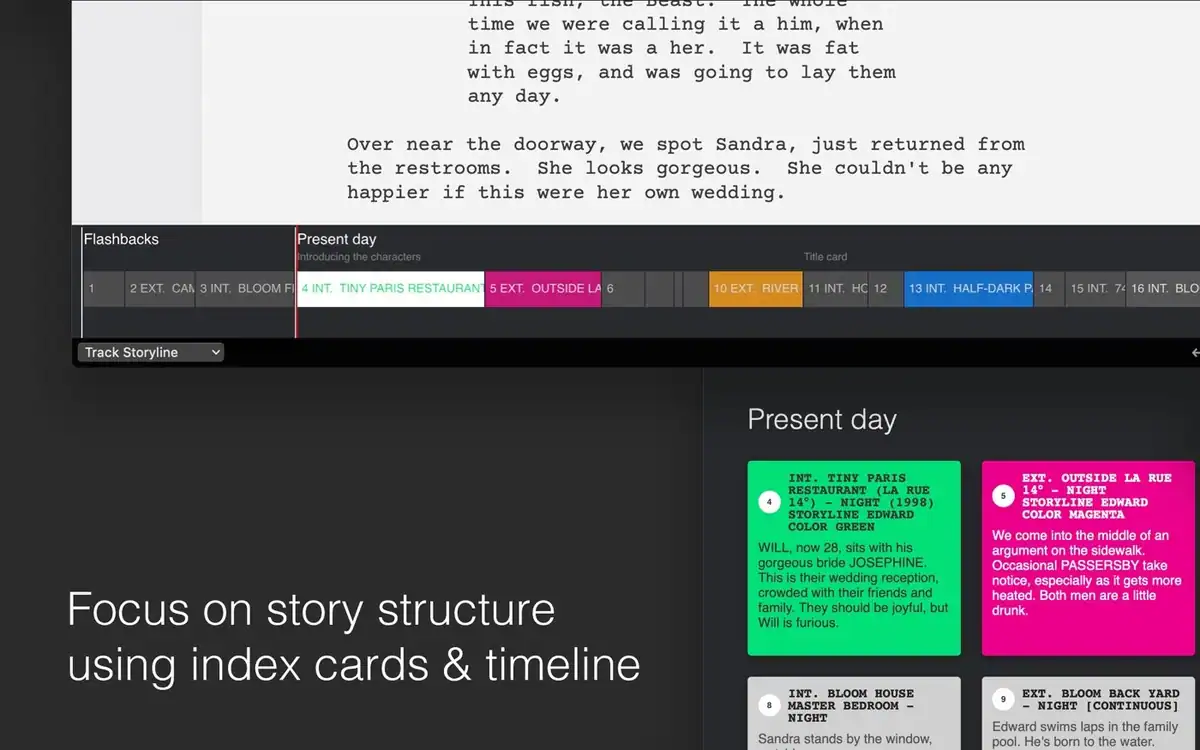 Beat's index cards and timeline view for mapping story structure on Mac.