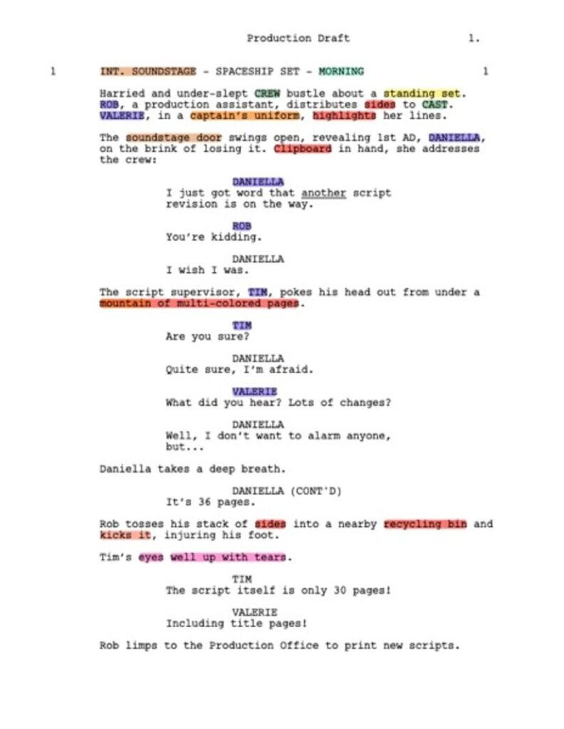 Tagged Script Page_Script Breakdown Examples A script tagging example in Scriptation, with cast, props, wardrobe and stunts grouped by category on a real script page.